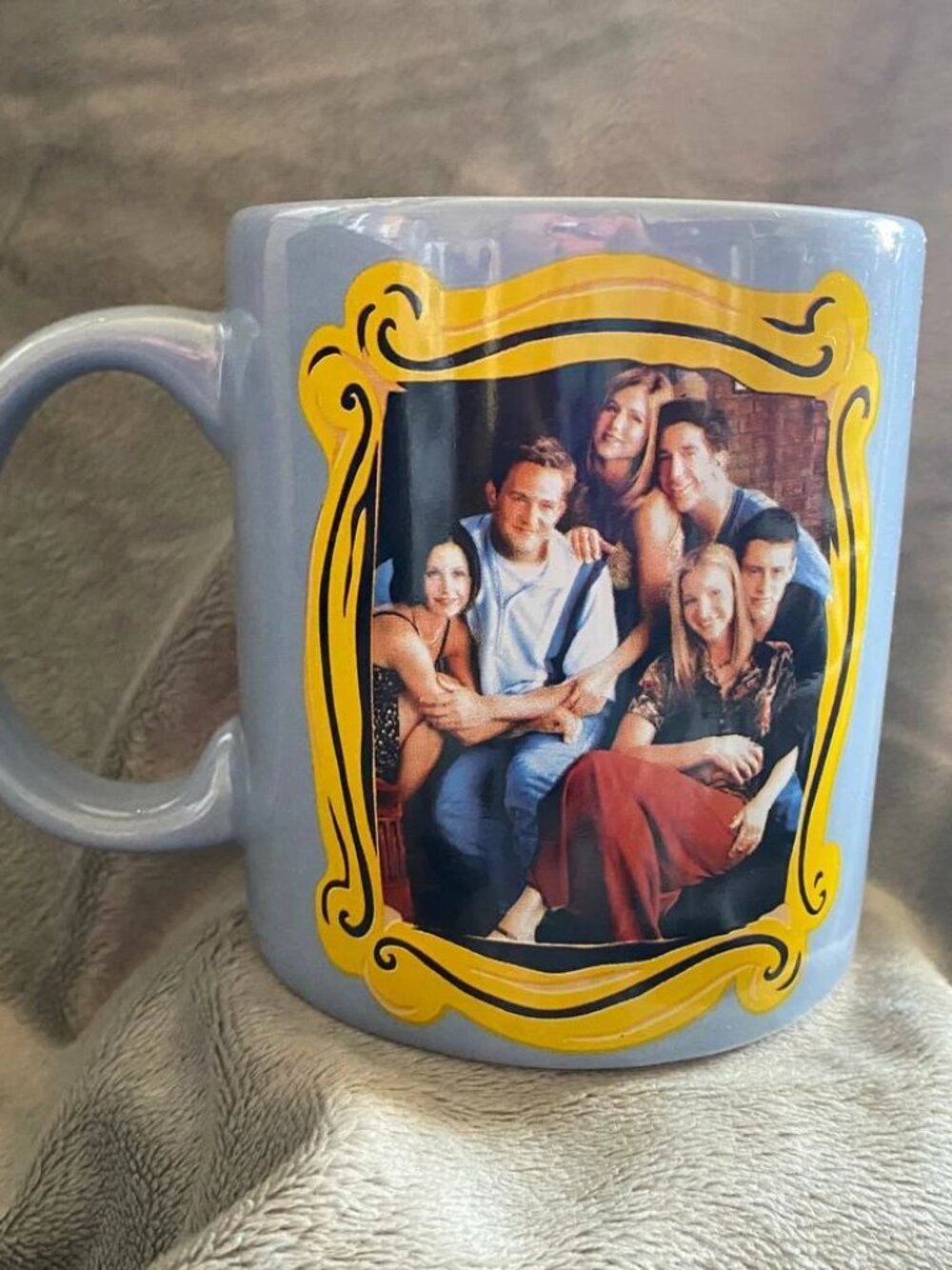 Friends Blue Coffee Mug | Friends Photo In Monica's Frame | 20 oz blue yellow